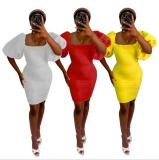 Womens Round Neck Lantern Sleeve Sexy Close-fitting Hip Solid Color Dress N9277