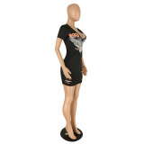 Printed hole short sleeve dress high stretch T-shirt dress YZ749