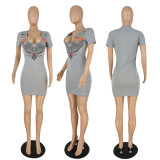 Printed hole short sleeve dress high stretch T-shirt dress YZ749