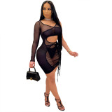 Womens sexy fake two-piece mesh perspective, lace-up long-sleeved vest dress QZ6123