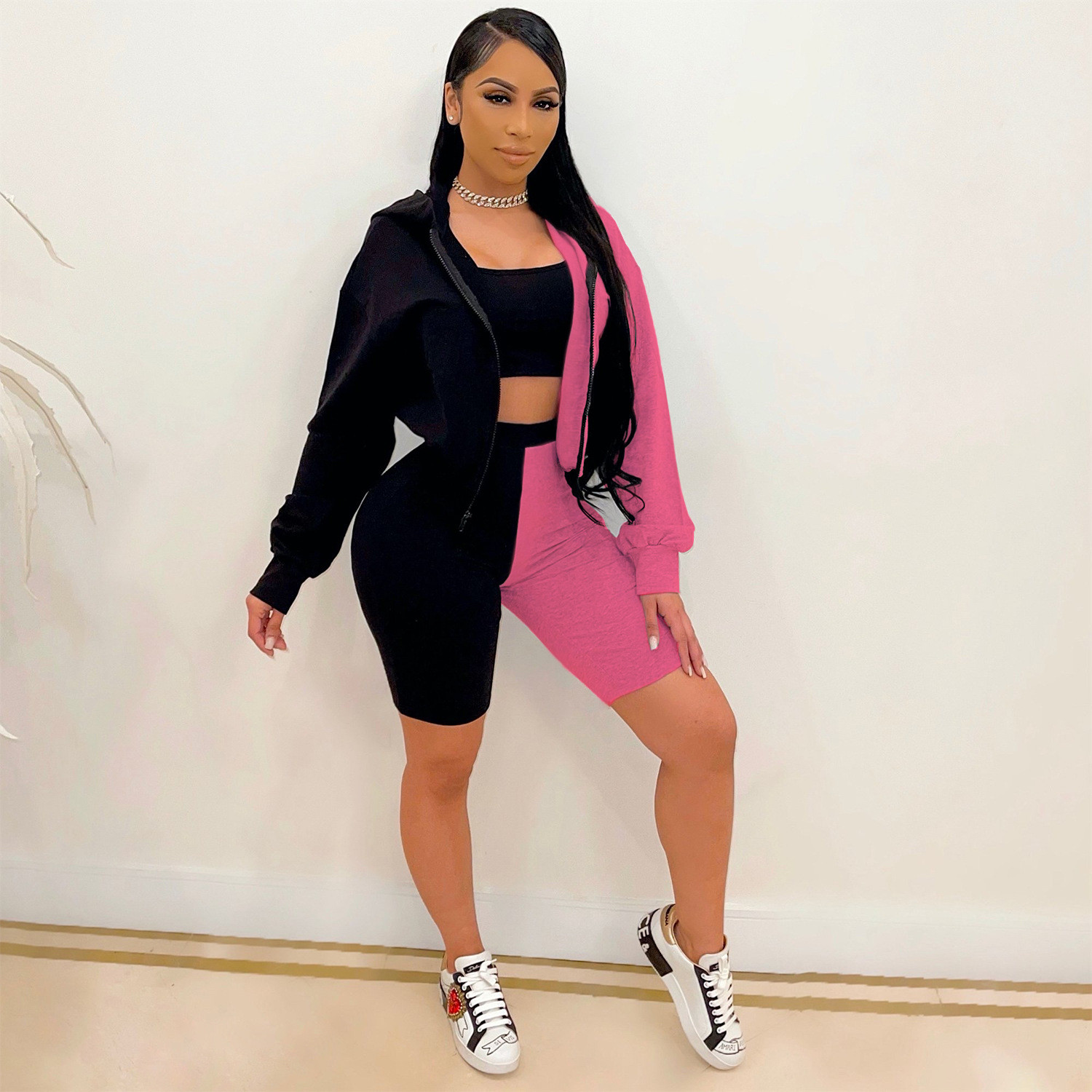 Long-sleeved five-point pants casual two-color color matching jogging sports suit three-piece