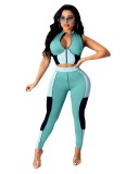 Stitching contrast color sexy slim short-sleeved zipper two-piece suit LA3259