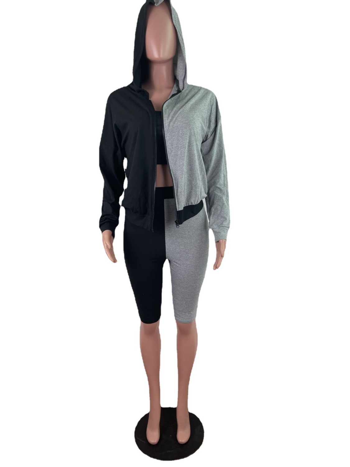 Long-sleeved five-point pants casual two-color color matching jogging sports suit three-piece