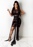 Womens sexy mesh perspective, knotted strappy sleeveless vest dress QZ6121