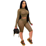 Womens nightclub stretch tight eye net long-sleeved five-point pants two-piece suit QZ4327