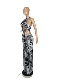 Womens Striped Printed Tube Top Wide Leg Suit CY1316