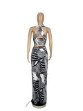 Womens Striped Printed Tube Top Wide Leg Suit CY1316