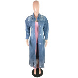Fashion Womens ripped long-sleeved denim windbreaker jacket cardigan denim cloak JLX6083