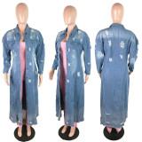 Fashion Womens ripped long-sleeved denim windbreaker jacket cardigan denim cloak JLX6083