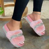 Flat-bottomed sponge cake soft-bottom sandals and slippers Womens plus size rhinestone plush slippers SR888