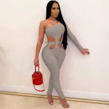 Womens sexy hollow open back one-shoulder high waist skinny sports casual jumpsuit K21Q00827