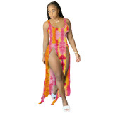 Sunflower print beach skirt gradient tie-dye split dress MY9870