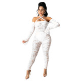 Spring and summer perspective sexy lace tie jumpsuit Q21S801