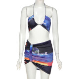 Womens Nightclub Fashion Sexy Lace-up Halter Hip Skirt Set K20S10797