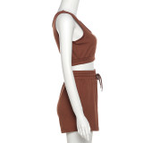 High waist lace-up fashion casual shorts vest suit women K21S00986