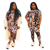 Fat Women plus size Womens casual cheetah print round neck T-shirt trousers suit XL-4XL ONY5078