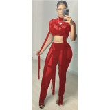 Womens sexy mesh see-through bandage solid color short-sleeved two-piece suit CN0108