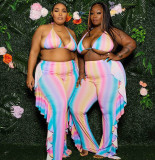 Fat Women plus size Womens sexy hollow bikini ruffled printed wide-leg pants two-piece suit ONY5080