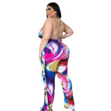 Fat Women plus size Womens sexy hollow bikini ruffled printed wide-leg pants two-piece suit ONY5080