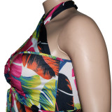 Plus size fat Womens S-5XL digital printing sexy halter neck split dress ONY5075