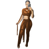 Womens sexy mesh see-through bandage solid color short-sleeved two-piece suit CN0108