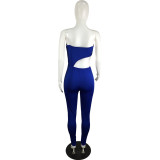 Jumpsuit solid color pants suit blue suspenders sleeveless milk silk goddess temperament commuter trousers QY5050