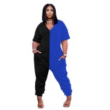 Fashion trend stitching color casual loose jumpsuit plus size Womens clothing W2314
