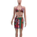 Womens New Style Printed Bandage Sexy Skirt Set Three-piece Suit TK6168