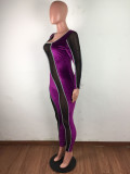 Velvet mesh stitching sexy slim-fit jumpsuit JLX6889