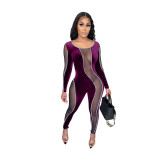 Velvet mesh stitching sexy slim-fit jumpsuit JLX6889