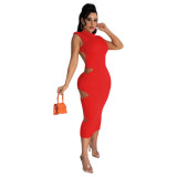 Womens solid color hollow pleated sleeveless backless dress TRS1128
