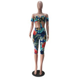 Womens casual printed sleeveless tube top cropped trousers suit TRS1127