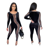 Velvet mesh stitching sexy slim-fit jumpsuit JLX6889