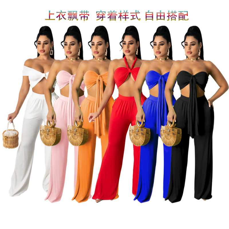 Womens casual solid color wide-leg pants + streamer tube top suit TRS1123