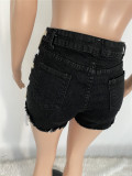 Womens eyelet straps wear washed denim shorts Q1117