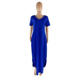 Womens Fashion Solid Color Double Pockets V-neck Slit Loose Dress HR8168