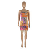 Womens clothing cashew flower element print suspender slim dress HR8169