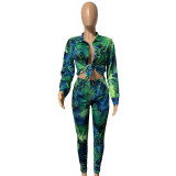Fashion autumn and winter printing casual sports long-sleeved shirt two-piece suit SMK831