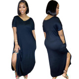 Womens Fashion Solid Color Double Pockets V-neck Slit Loose Dress HR8168