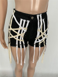 Womens eyelet straps wear washed denim shorts Q1117