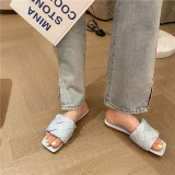 Summer woven slippers half-drag flat-bottomed square toe open-toed OL sandals for Womens outer wear SJF640243815571
