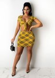 Ladies Fashion Casual Plaid Print Bundled Skirt Suit AT5121