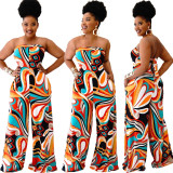 Womens tube top open back printed jumpsuit wide leg pants YIY1297