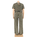 Striped printed knitted stretch style plus size Womens jumpsuit OSS20793