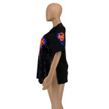 Fashion trend sequins split cartoon ornaments plus size Womens blouse OSS20925