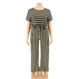 Striped printed knitted stretch style plus size Womens jumpsuit OSS20793