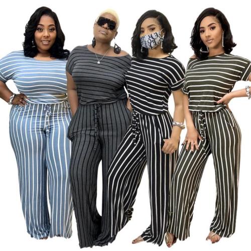 Striped printed knitted stretch style plus size Womens jumpsuit OSS20793