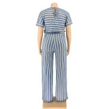 Striped printed knitted stretch style plus size Womens jumpsuit OSS20793