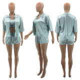 Womens high elastic satin wave side multi-needle elastic wrinkle shirt button temperament commuter 3-piece set SZ8036