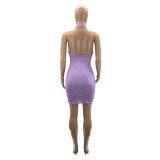 Womens Digital Positioning Burning Checkered Halter Halter Sexy Dress SZ8018